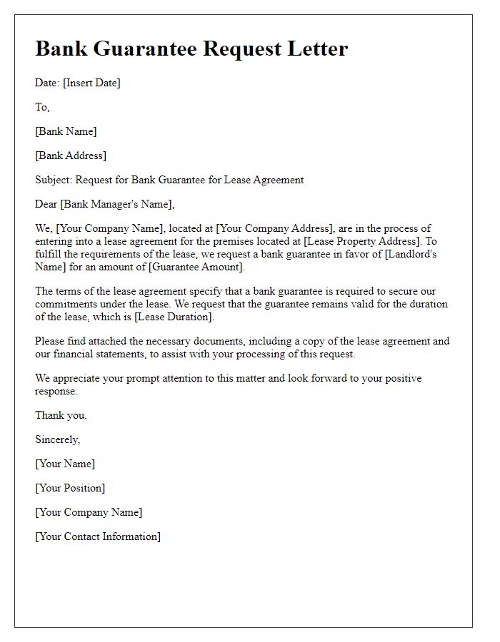 Letter template of bank guarantee request for lease agreement.