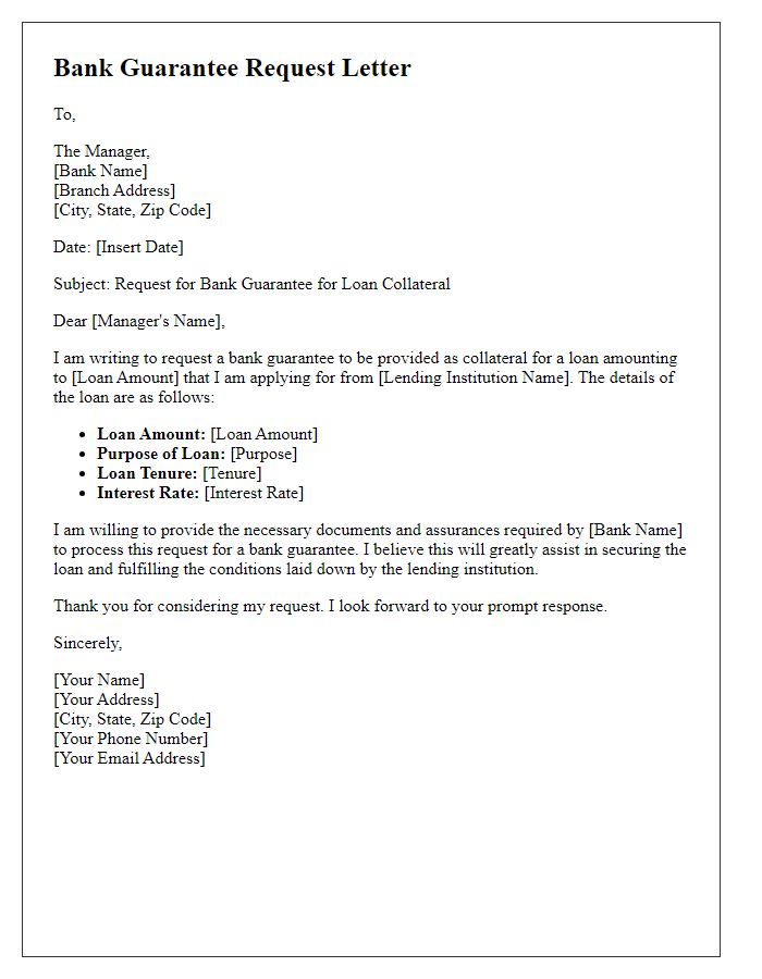 Letter template of bank guarantee request for loan collateral.