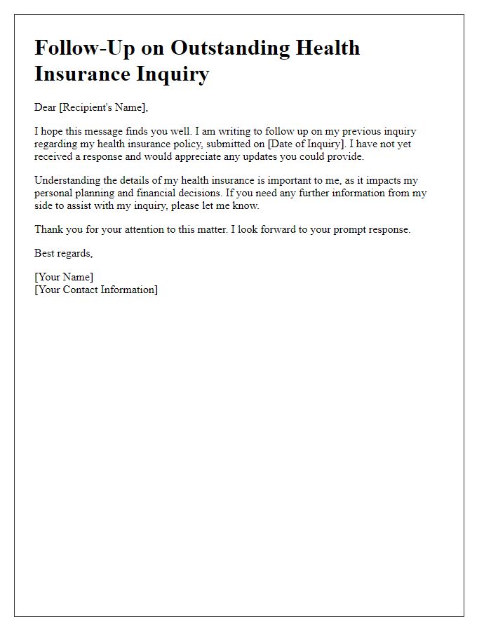 Letter template of follow-up on outstanding health insurance inquiry