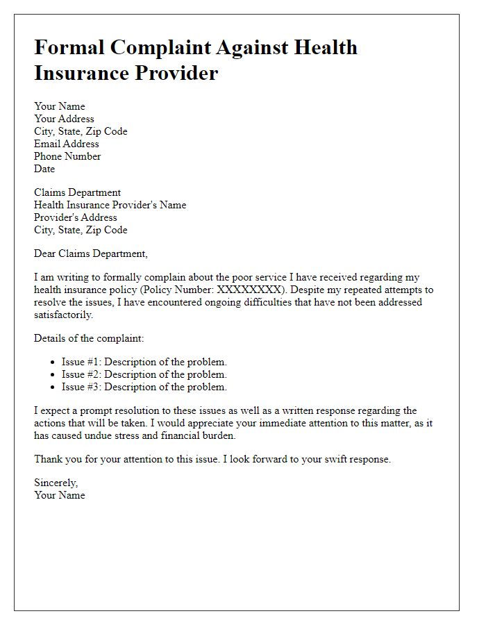 Letter template of formal complaint against health insurance provider