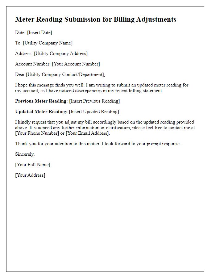 Letter template of updated meter reading submission for billing adjustments