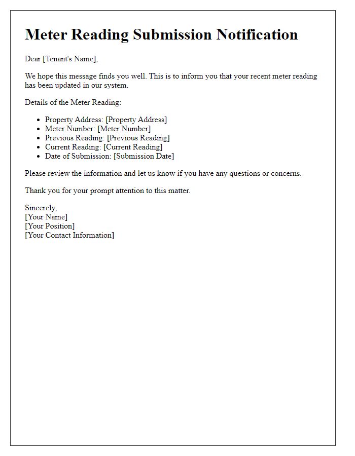 Letter template of updated meter reading submission for tenant notifications