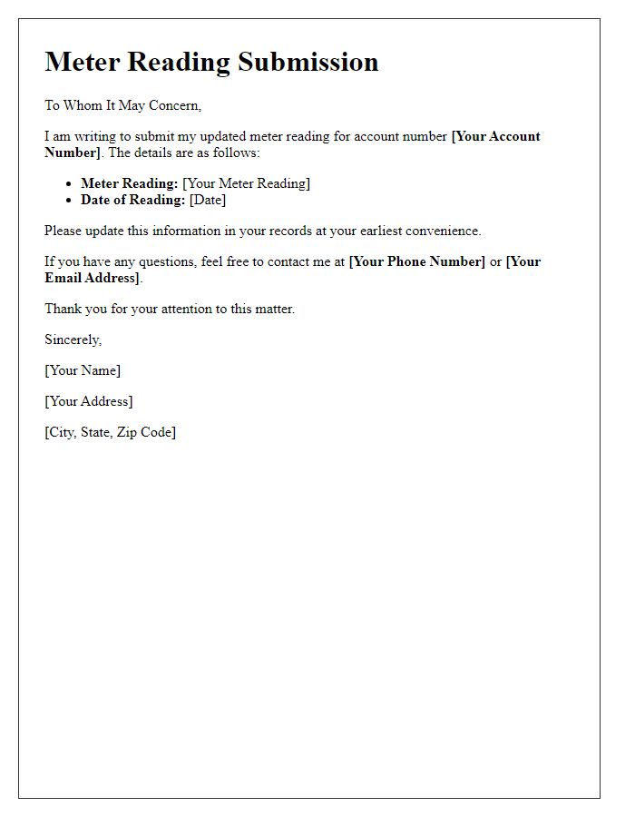 Letter template of updated meter reading submission for utility providers