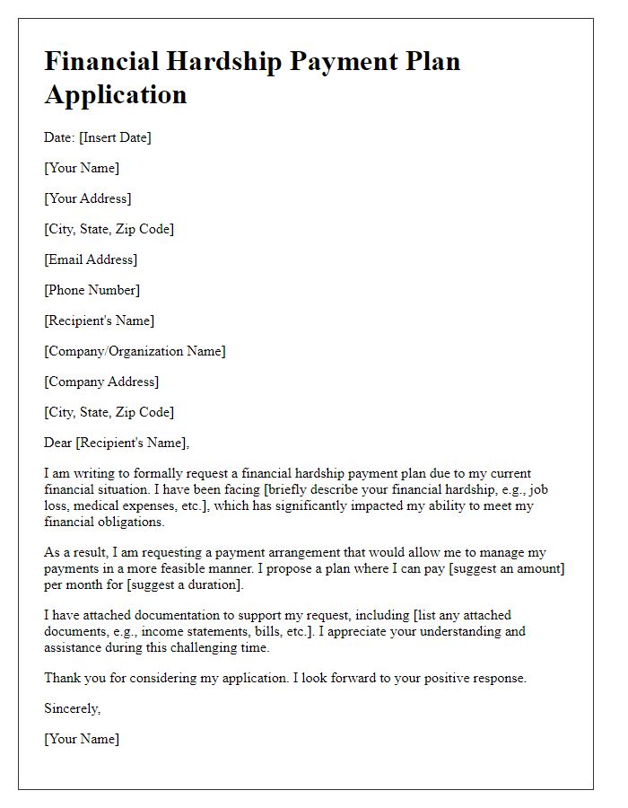 Letter template of financial hardship payment plan application