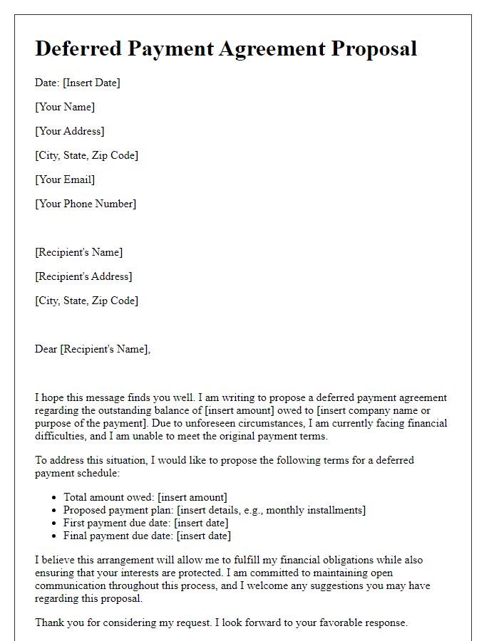 Letter template of proposal for deferred payment agreement