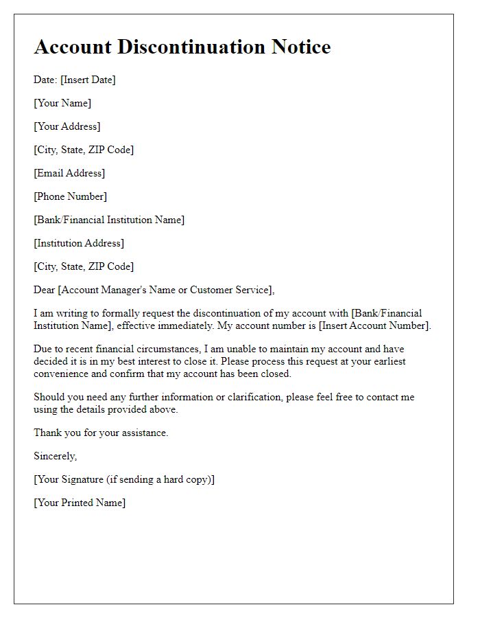 Letter template of account discontinuation for financial reasons