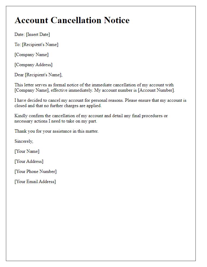 Letter template of immediate account cancellation notice