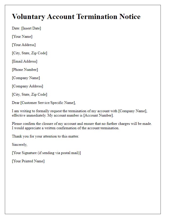 Letter template of voluntary account termination notice