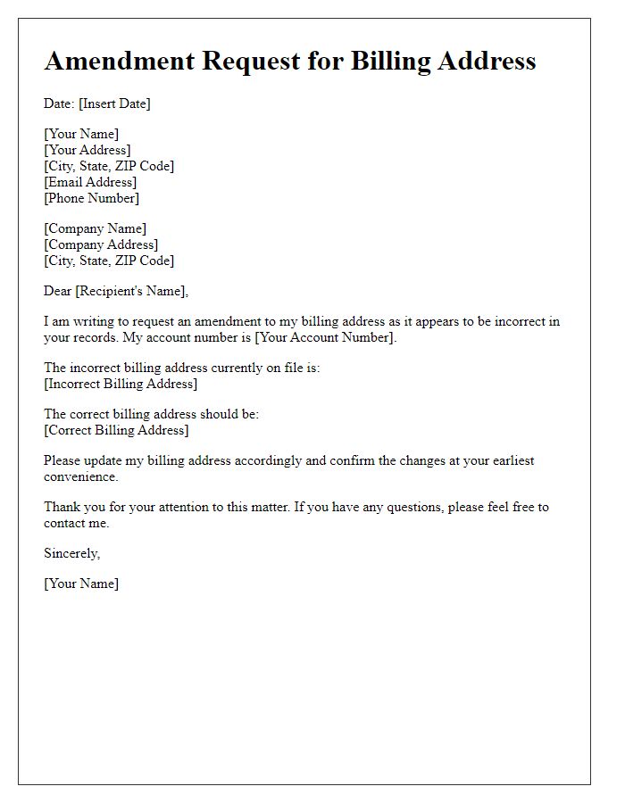 Letter template of amendment for incorrect billing address details.