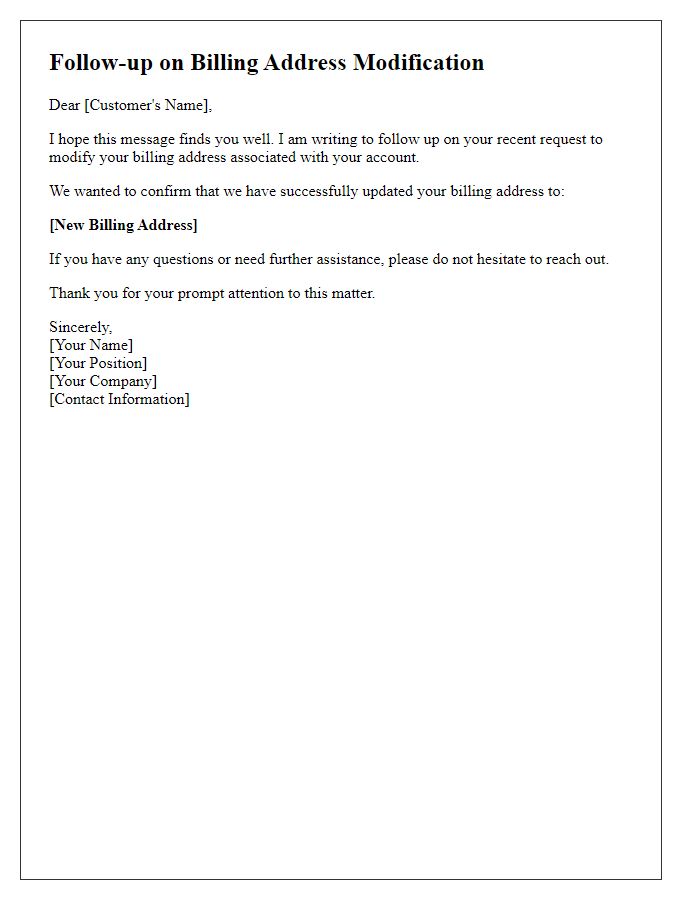 Letter template of follow-up on billing address modification.