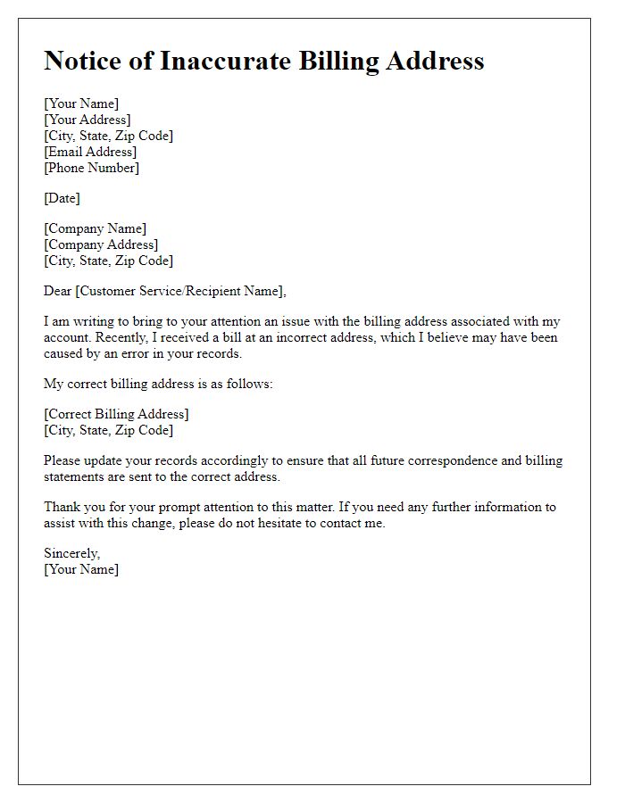 Letter template of notice for inaccurate billing address change.