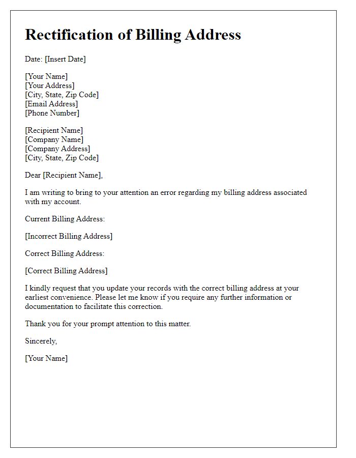 Letter template of rectification for billing address error.