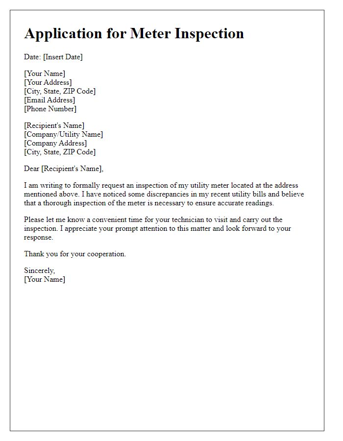 Letter template of application for arranging a meter inspection.