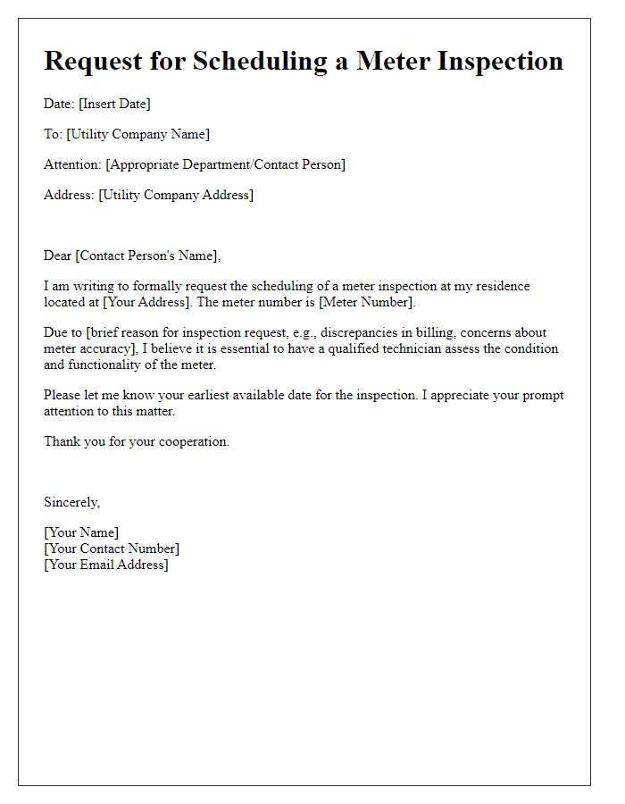 Letter template of submission for scheduling a meter inspection.