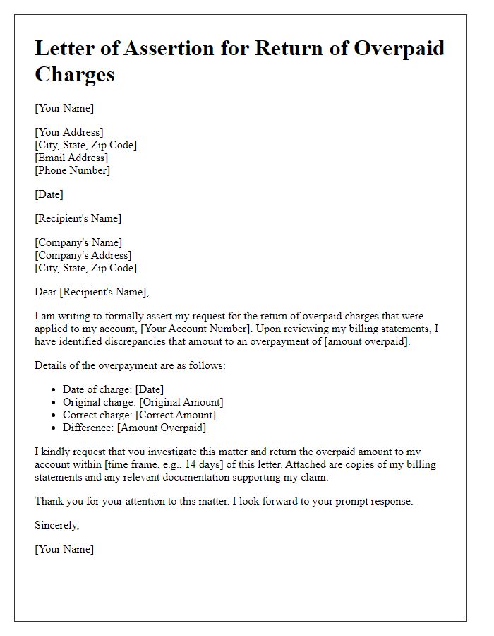 Letter template of assertion for the return of overpaid charges.