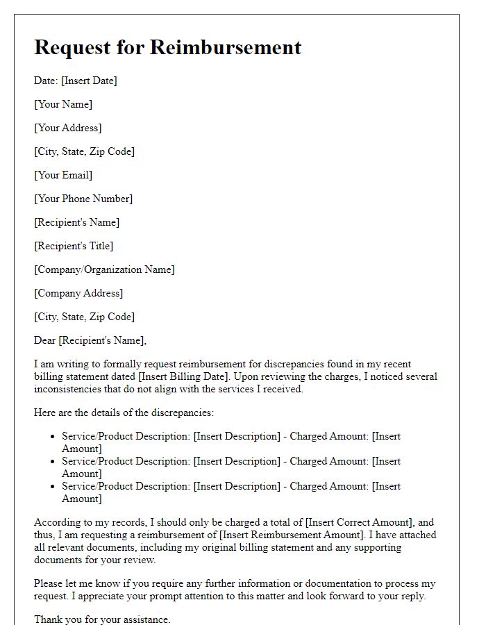 Letter template of request for reimbursement due to billing discrepancies.