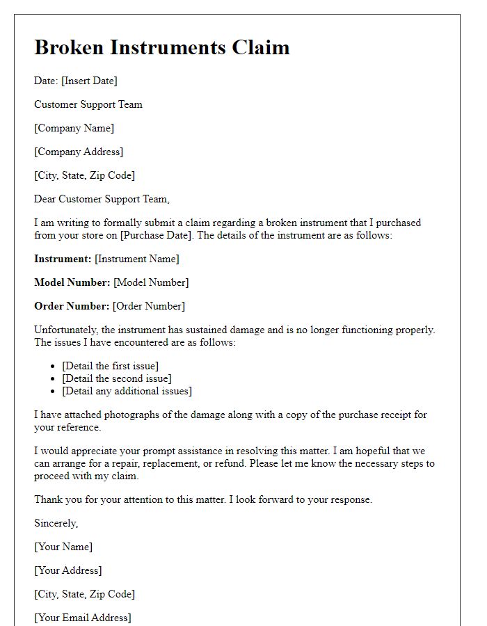 Letter template of broken instruments claim for customer support.