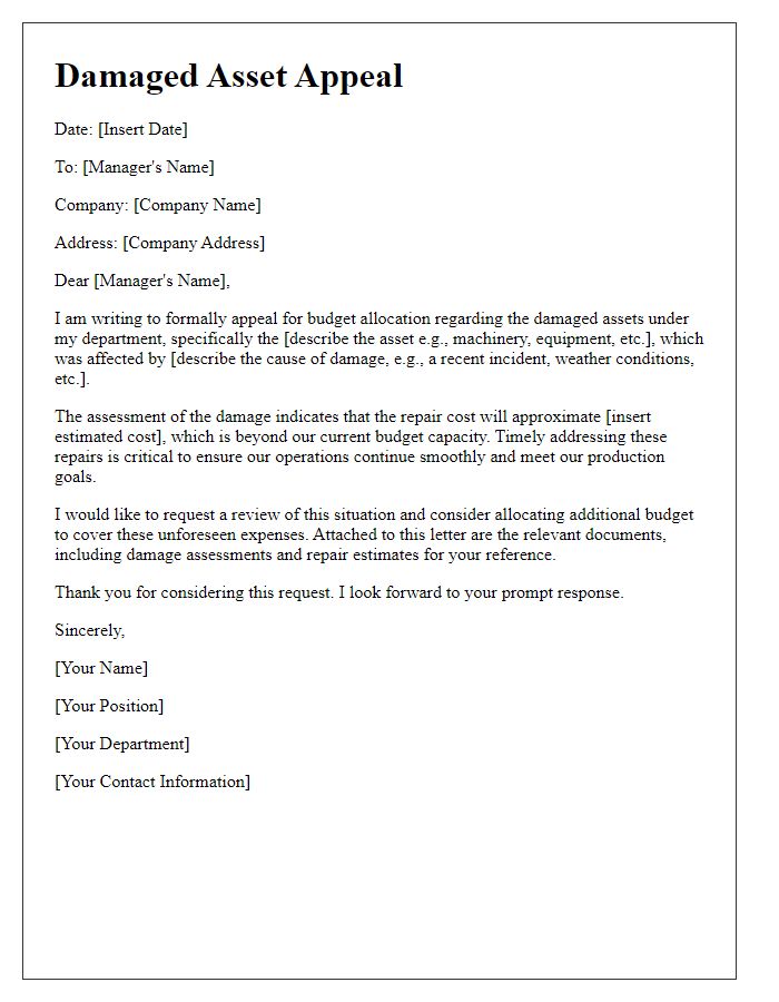 Letter template of damaged asset appeal for company budget allocation.