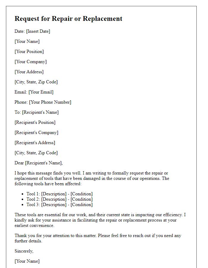 Letter template of damaged tools request for repair or replacement.