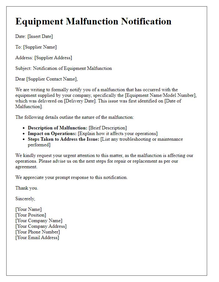 Letter template of equipment malfunction notification for supplier accountability.