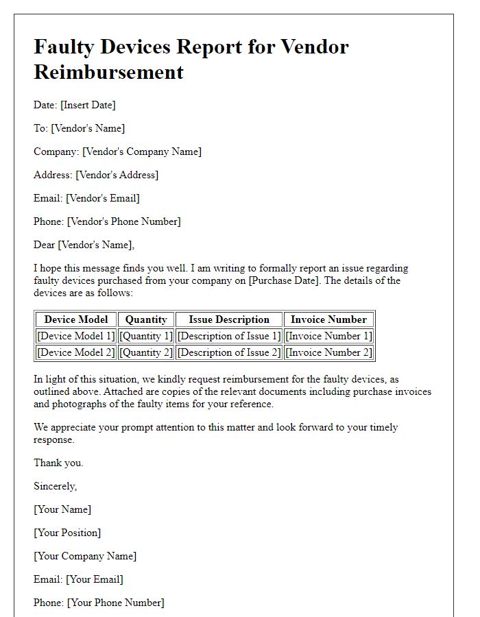 Letter template of faulty devices report for vendor reimbursement.