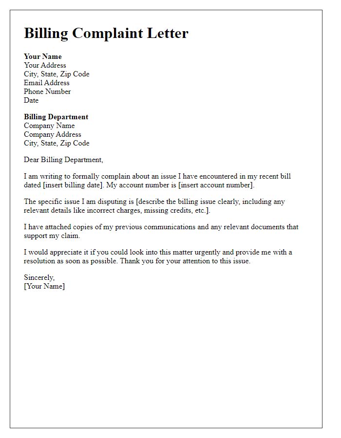 Letter template of Correspondence for Billing Complaint