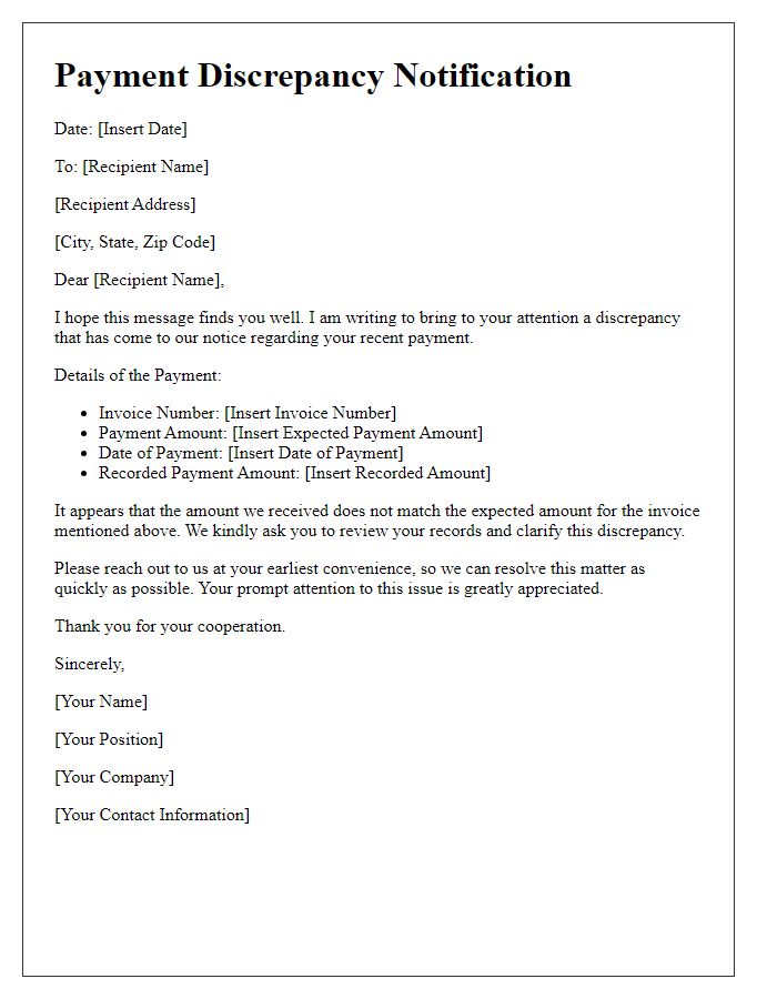 Letter template of Payment Discrepancy Notification