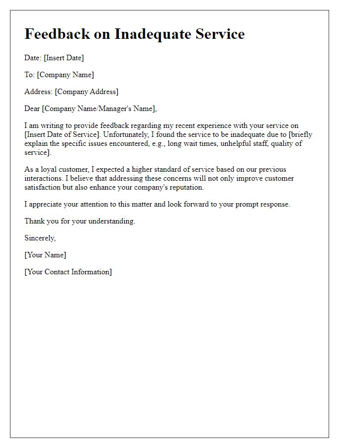 Letter template of feedback on inadequate service