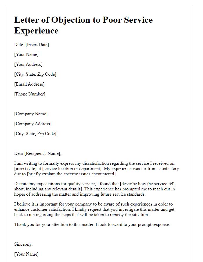 Letter template of objection to poor service experience