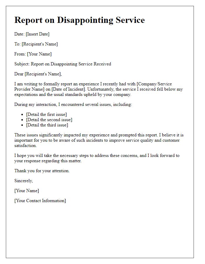 Letter template of report on disappointing service