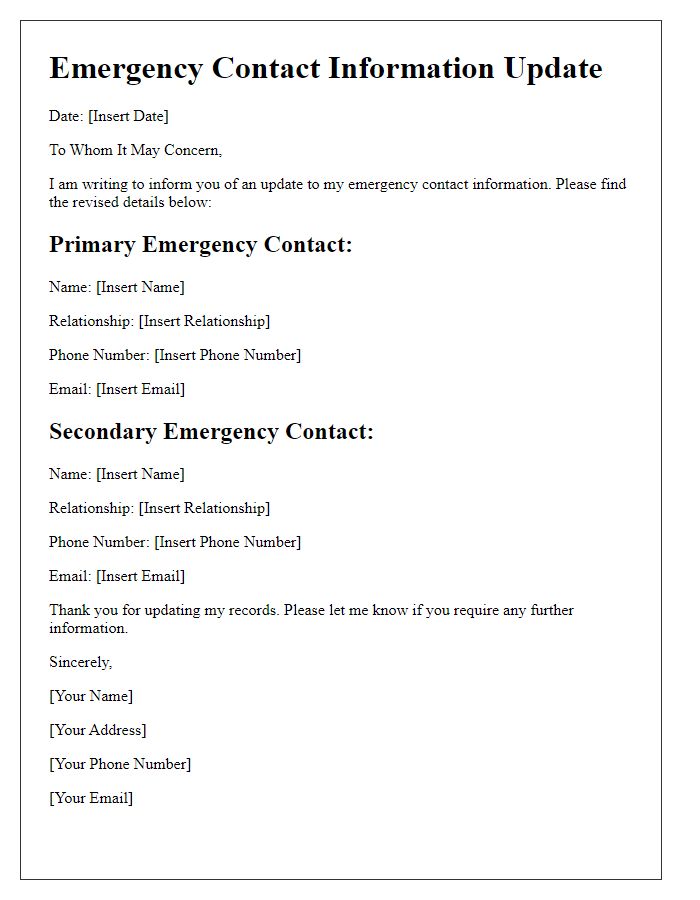 Letter template of emergency contact information revision