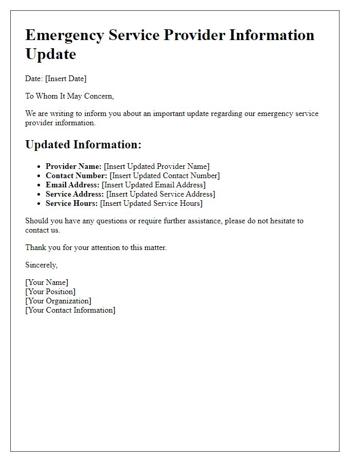 Letter template of emergency service provider information update