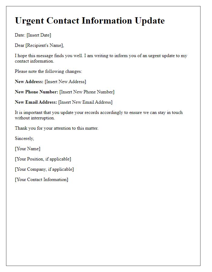 Letter template of urgent contact information update