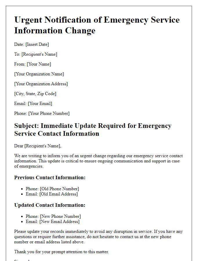 Letter template of urgent emergency service information change