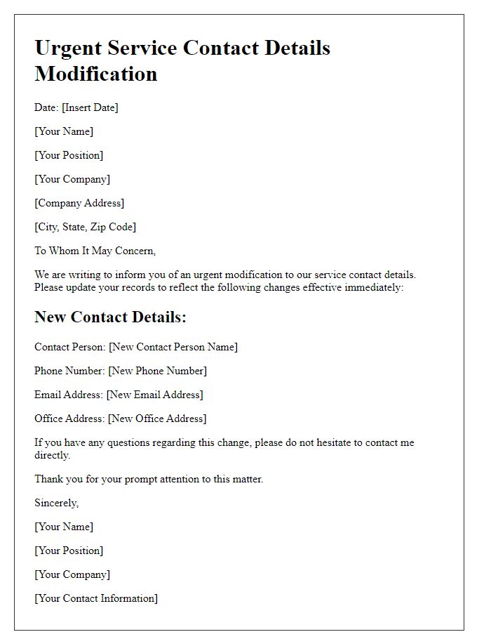Letter template of urgent service contact details modification