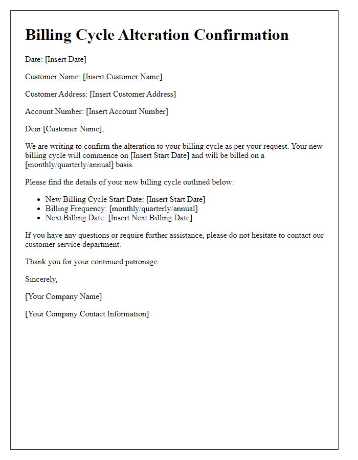 Letter template of confirmation for billing cycle alteration