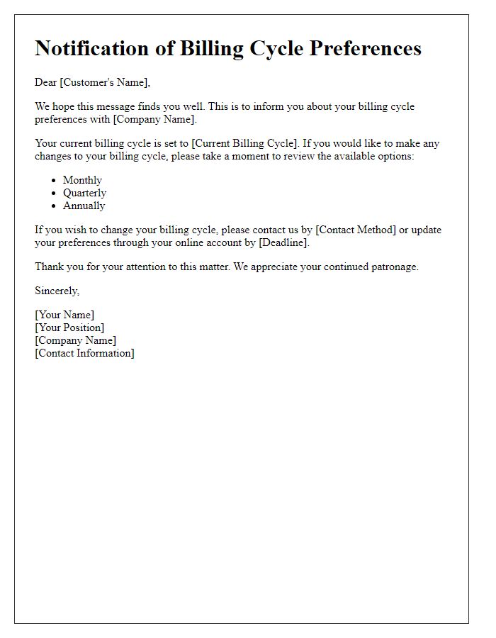 Letter template of notification for billing cycle preferences