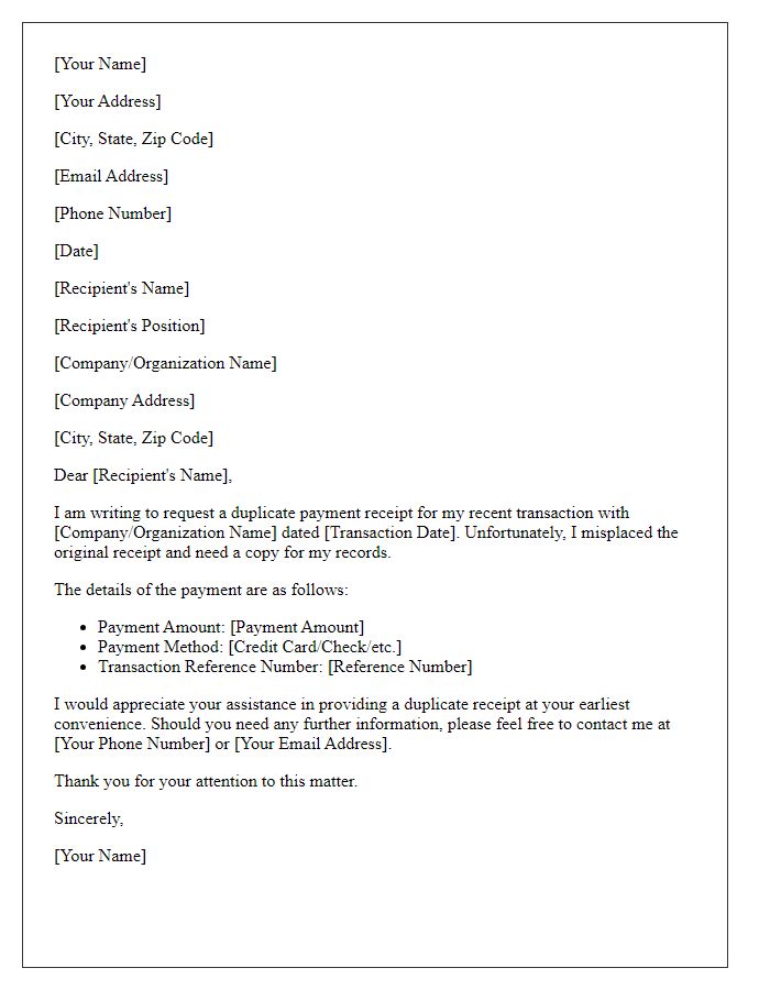 Letter template of application for a duplicate payment receipt.