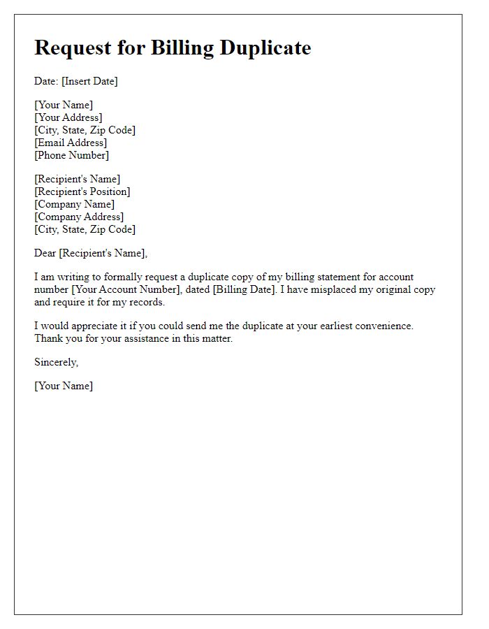 Letter template of formal request for a billing duplicate.