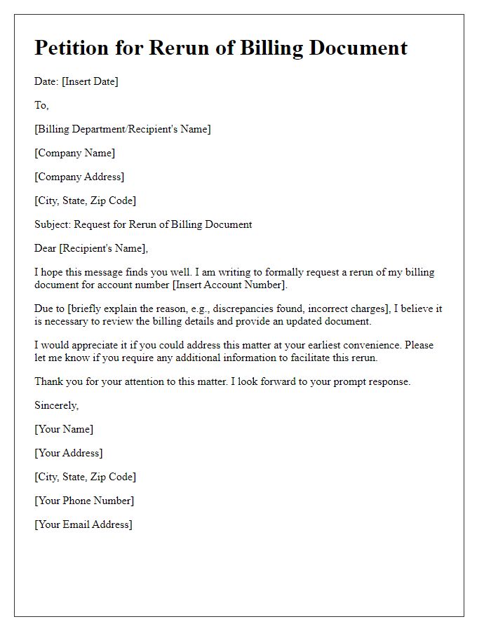 Letter template of petition for a rerun of the billing document.