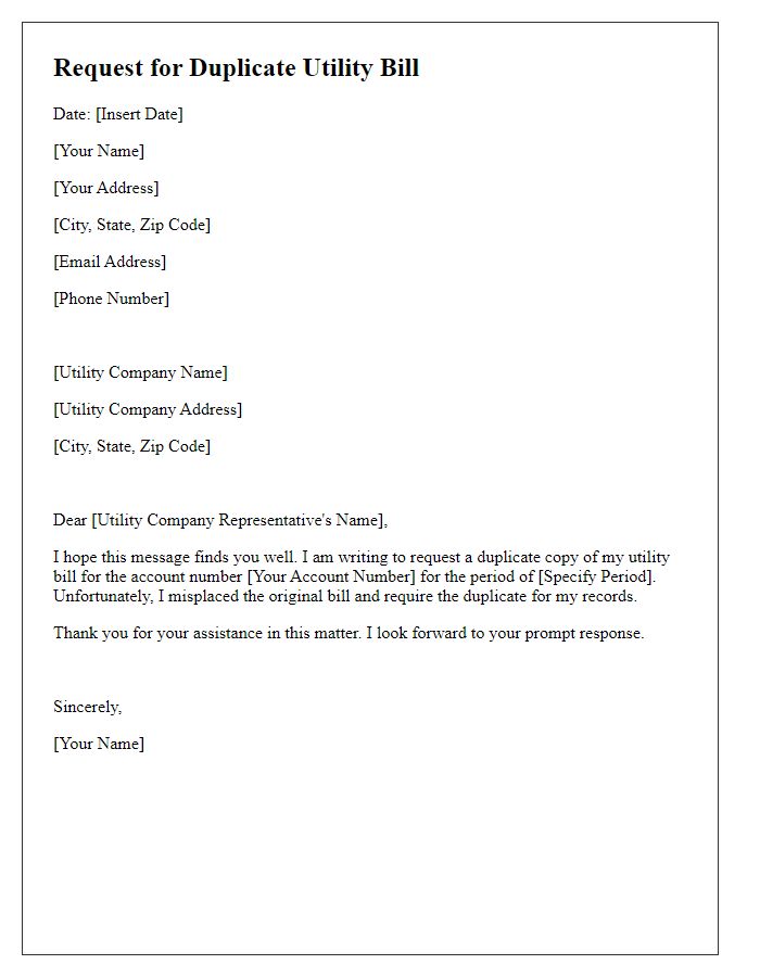 Letter template of request for duplicate utility bill.