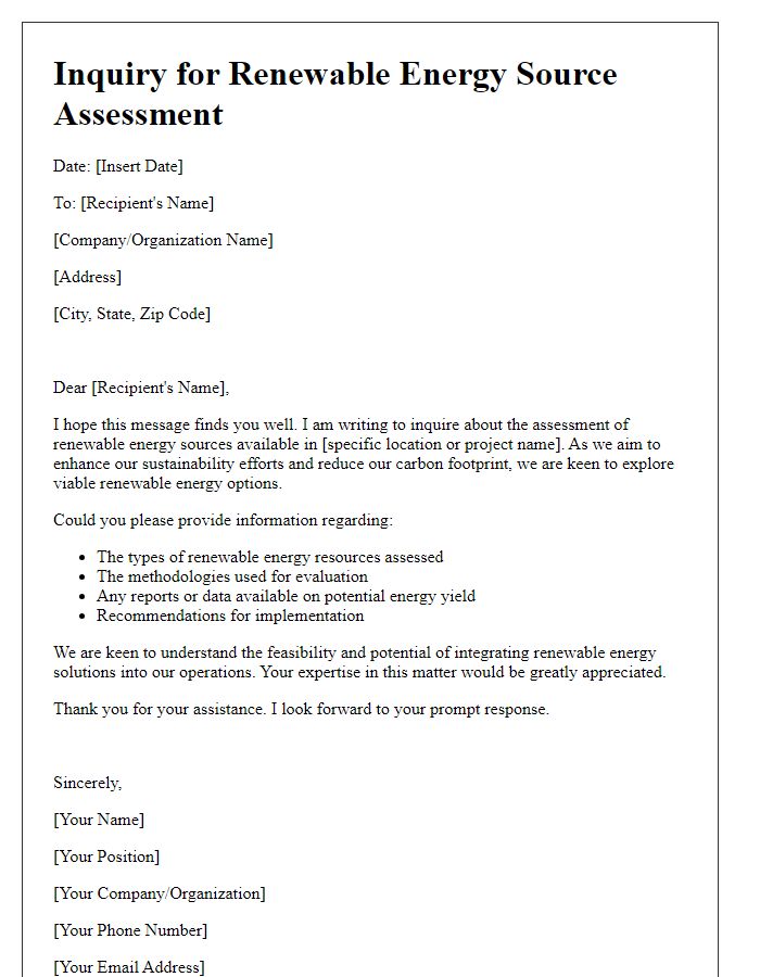 Letter template of renewable energy source assessment inquiry