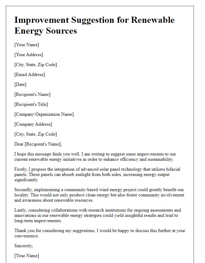 Letter template of renewable energy source improvement suggestion