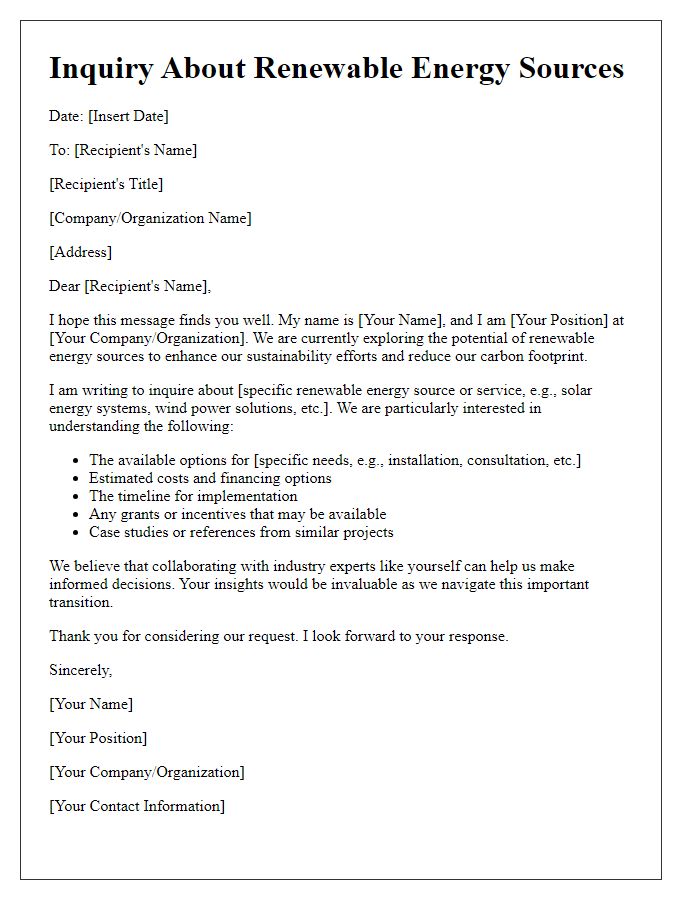 Letter template of renewable energy source inquiry