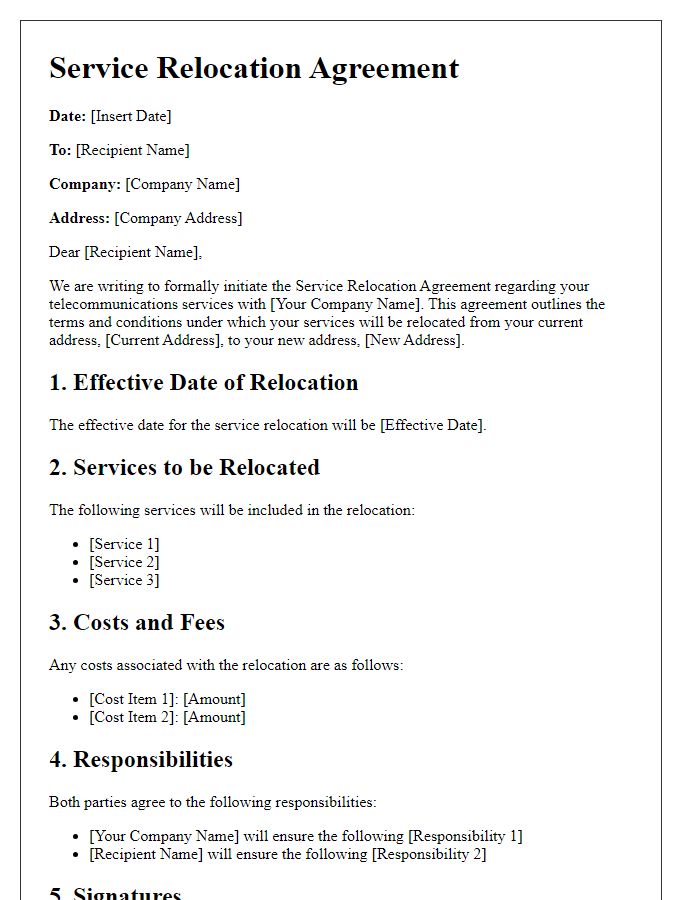 Letter template of service relocation agreement for telecommunication companies