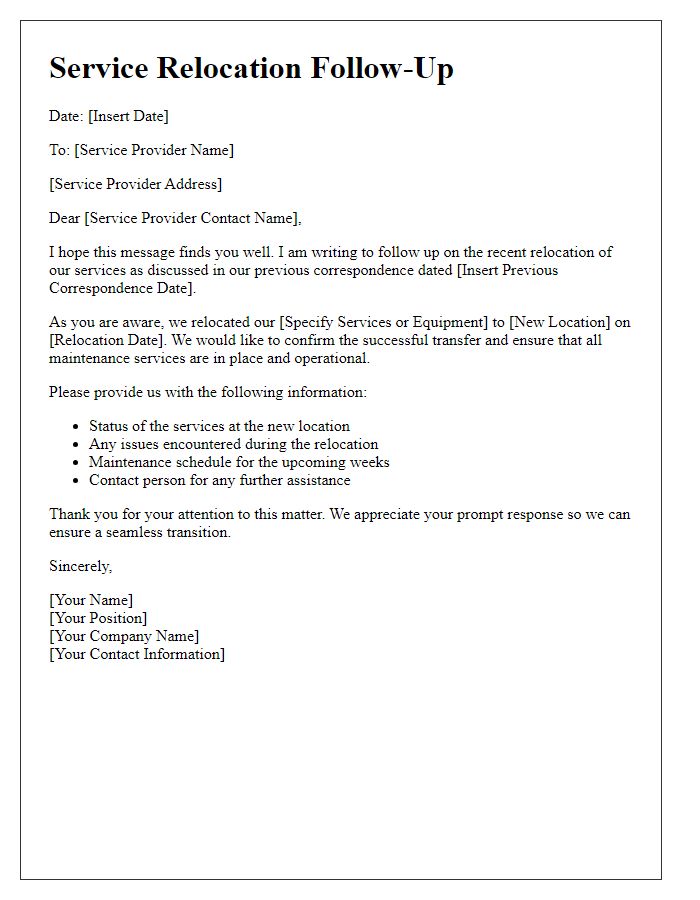 Letter template of service relocation follow-up for maintenance services