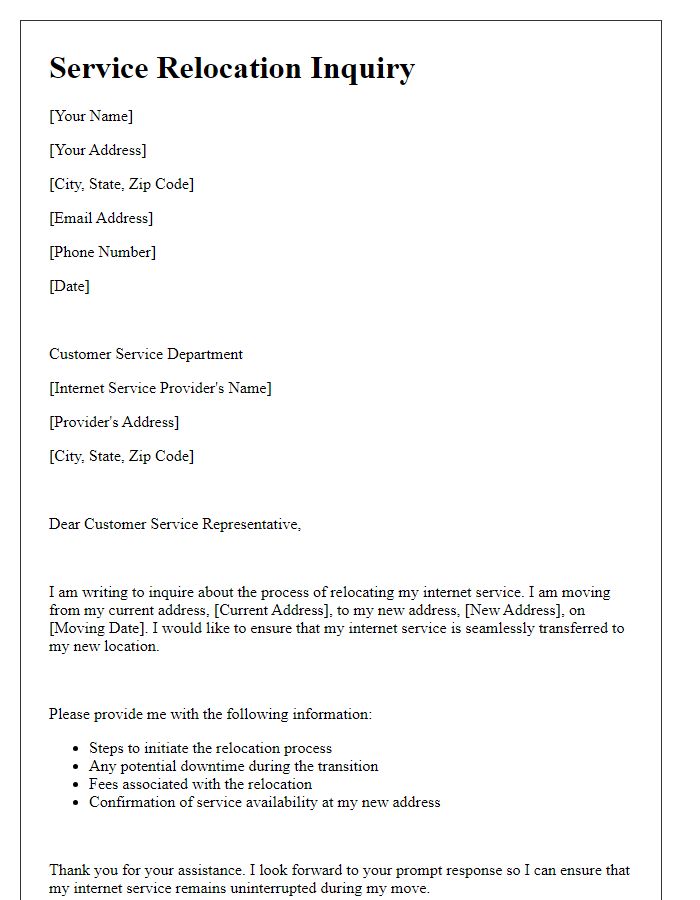 Letter template of service relocation inquiry for internet services