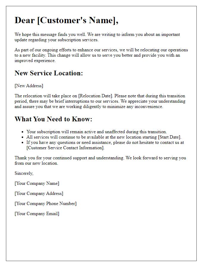 Letter template of service relocation update for subscription services