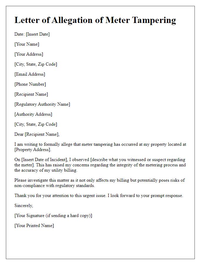 Letter template of meter tampering allegation for regulatory authority