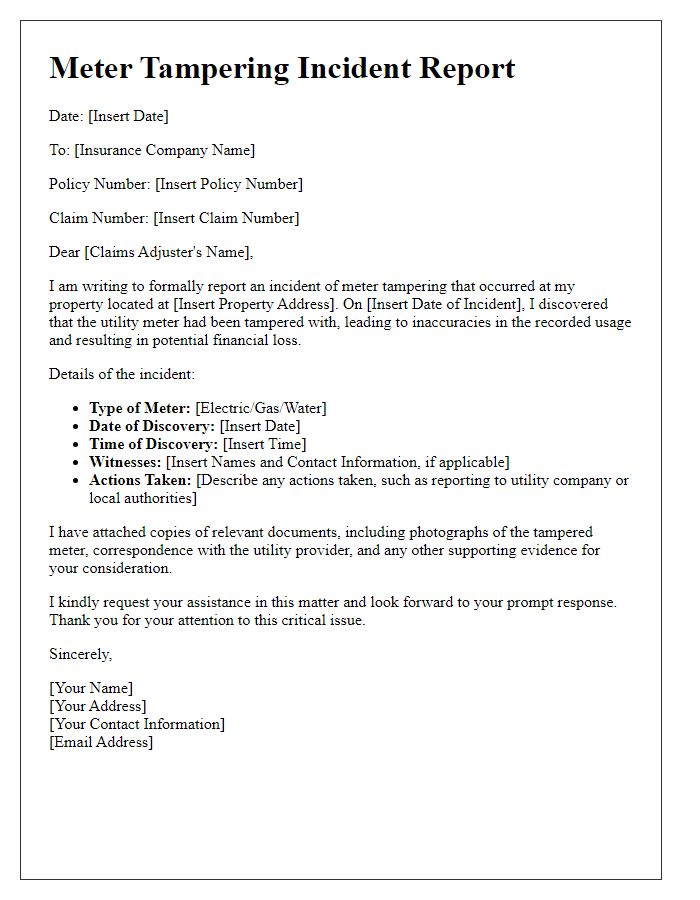 Letter template of meter tampering incident report for insurance purposes